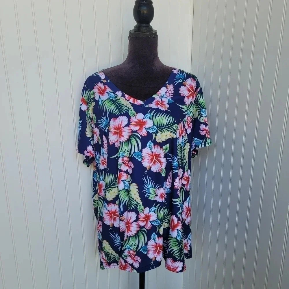 NWT SAMPEEL Womens Floral Hibiscus Tropical  Tunic V-Neck T-Shirt XXXL 3XL